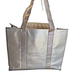 Jimmy Choo Parfums Large Tote Shoulder Bag Embossed Logo Glittery Gold Shimmer